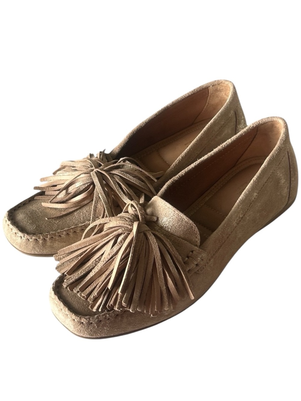 FLAG LTD Nicole Leather Suede Loafers Metallic Taupe Fringe Detail Size 7M NWOT